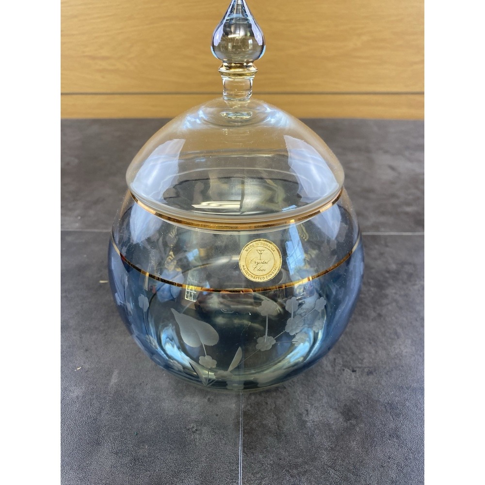 Romanina Rare "Crystal Clear" Blue Tinted Etched Floral Dish w/Lid Gold Trim
